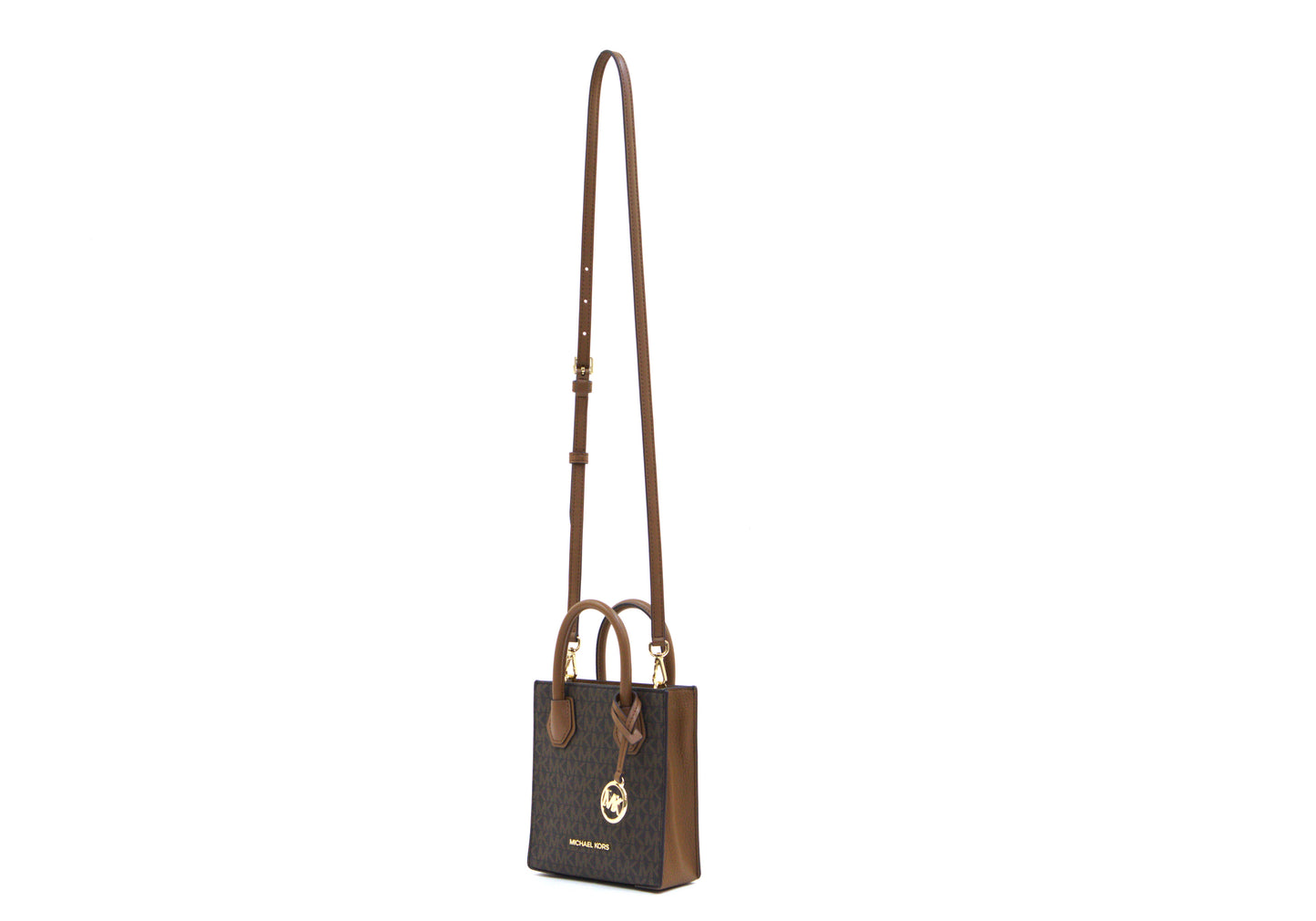 Michael Kors Mercer XS Pebbled Leather MK Signature Satchel Crossbody Bag - Brown