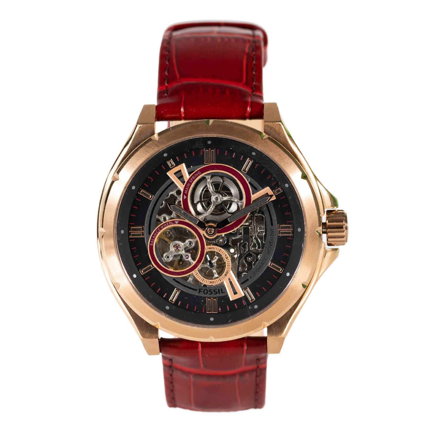 Fossil Men's Evanston Automatic Red Leather Watch Stainless Steel Case and Red Leather Strap Automatic Movement 5 ATM Water Resistance Black Dial with Rose Gold Accents