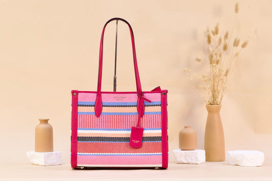 KATE SPADE KH362 MD TOTE STRIPED WOVEN WILD RASPBERRY