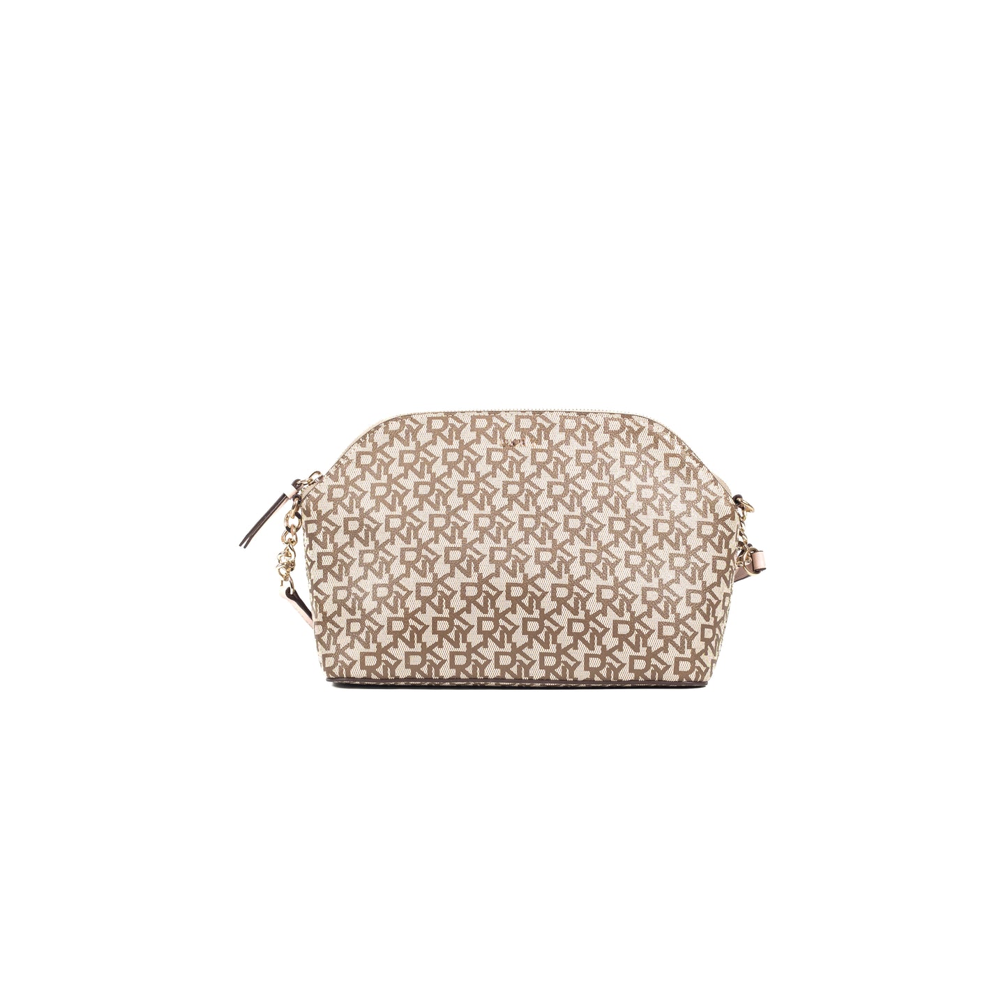 DKNY Kary Medium Dome Crossbody Bag Allover Printed Design PVC Construction Shoulder Strap Zippered Closure Interior Pocket and Compartment Exterior Pocket with Snap Closure PVC Lining