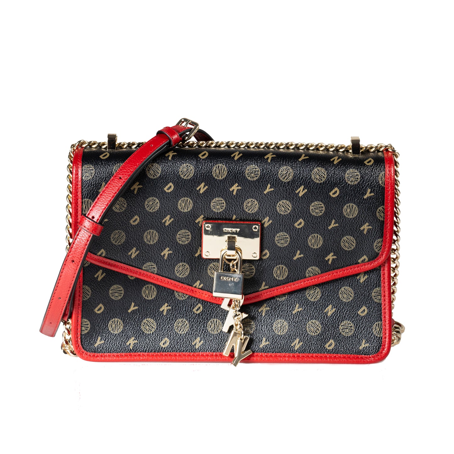 DKNY Elissa Heritage Logo Leather Flap Crossbody Adjustable strap Front flap with snap closure Chain detail at strap Interior pockets Logo at front Logo charm detail 100% PVC Dimensions: 28 cm x 19 cm x 7.60 cm