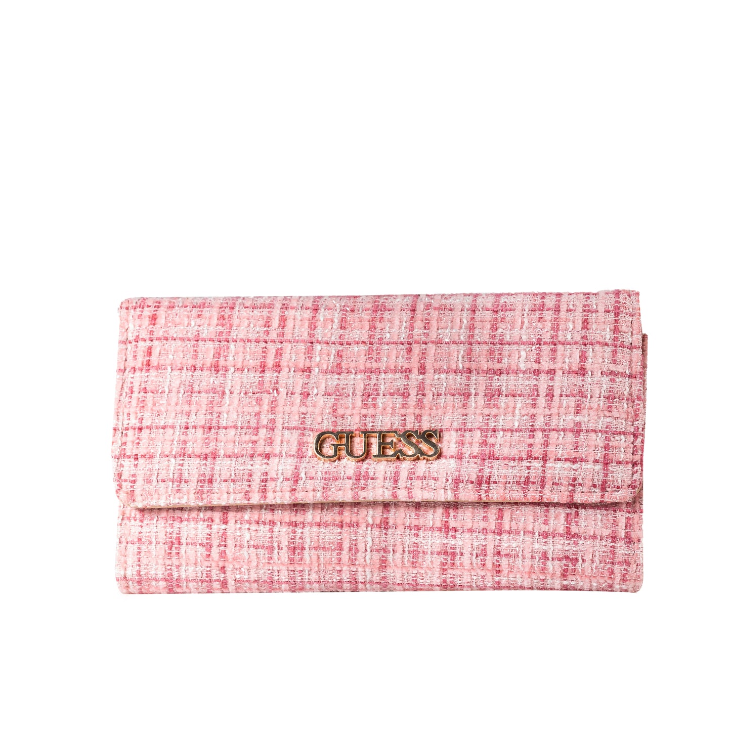 GUESS Ackherman Tweed Slim Clutch Fold-Over Flap Tri-Fold Design Logo Emblem Snap Closure