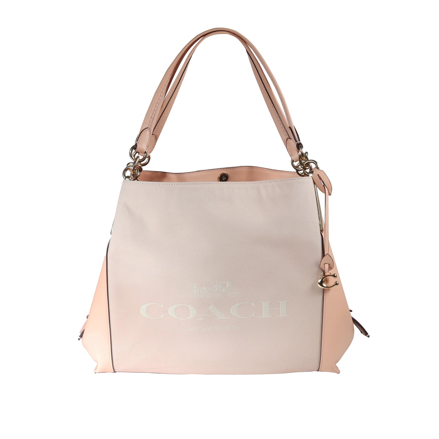 Coach Signature Horse and Carriage Jacquard Leather Dalton Shoulder Bag Horse and Carriage Jacquard and Refined Calf Leather Inside Zip and Multifunction Pockets Center Zip Compartment Snap Closure Handles with 24.75 cm Drop Dimensions: 34.30 cm L x 27.30 cm H x 14 cm W Color: Faded Blush