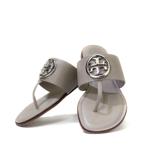 Tory Burch - Benton Women's Leather Thong Flat Sandals - Gray Heron/Silver - BF-104166944-DOTB