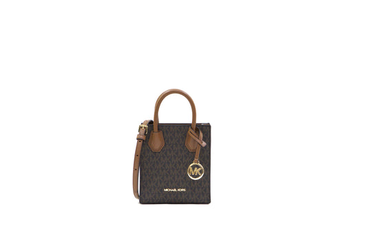 Michael Kors Mercer XS Pebbled Leather MK Signature Satchel Crossbody Bag - Brown