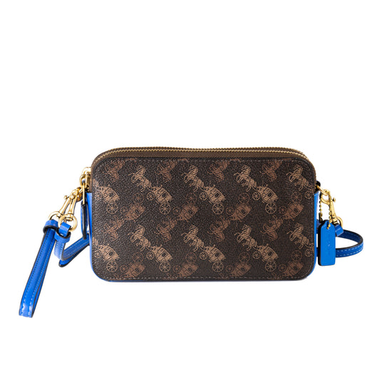 Coach Kira Crossbody Coated Canvas Horse Carriage Clutch Compact and Stylish Clutch Adjustable Crossbody Strap and Detachable Wrist Strap Coated Canvas and Pop of Color Dimensions: 7-1/2" (W) x 4" (H) x 1-3/4" (D)