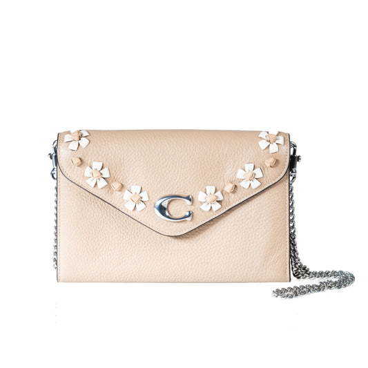 Coach Tammie Clutch Crossbody with Floral Whipstitch Refined Pebble Leather Nappa Leather Eight Credit Card Slots Full-Length Bill Compartment Inside Zip and Open Pockets Snap Closure Outside Slip Pocket Detachable Chain Strap Dimensions: 21 cm (L) x 13.35 cm (H) x 3.15 cm (W)