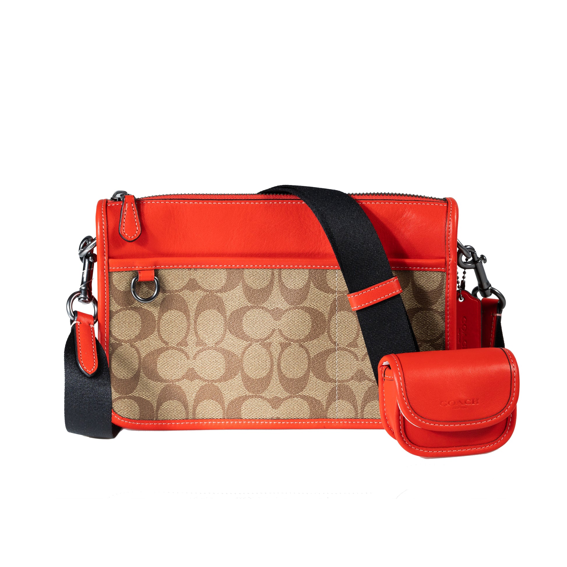 Coach Women's Red Heritage Convertible Crossbody With Hybrid Pouch Signature Coated Canvas Smooth Calf Leather Zip-Top Closure Outside Open Pocket Detachable Strap with 56cm Drop Removable Hybrid Pouch Snap Closure Fabric