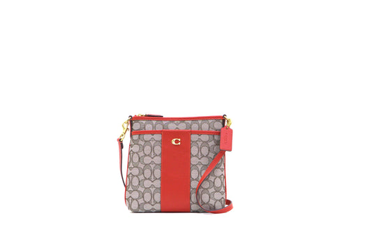 Coach Women's Boxed Kitt Messenger Crossbody In Signature Jacquard - Brown / Red