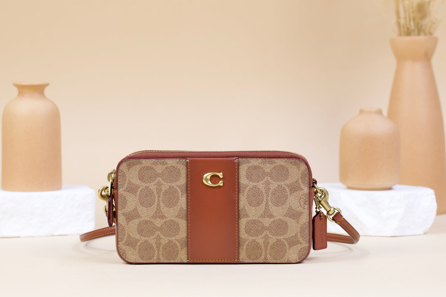 COACH CH797 CARD CASE SIGNATURE KIRA CROSSBODY TAN/RUST