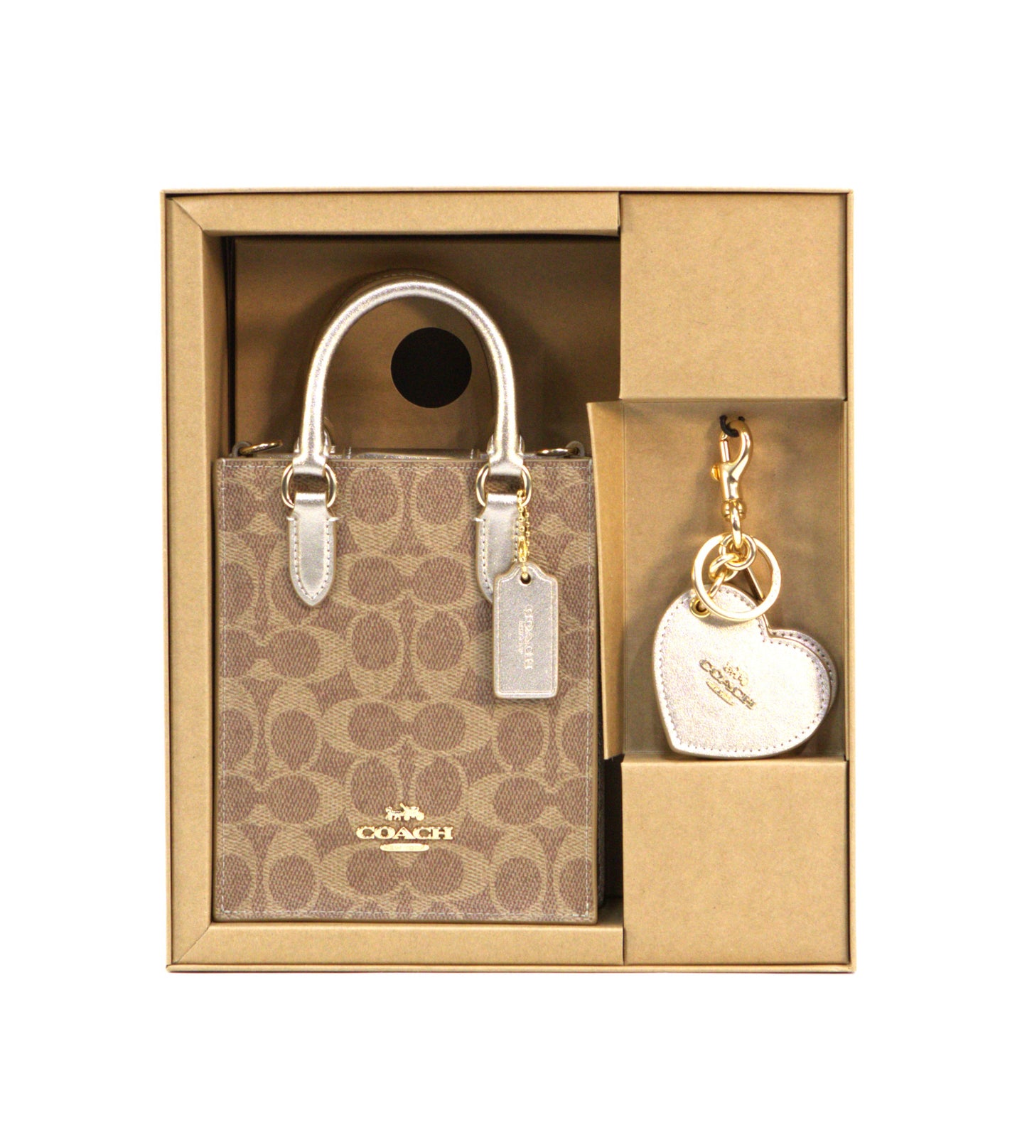 COACH CX188 BOXED MINI TOTE WITH CHARM TAN/LIGHT CHAMPAGNE
