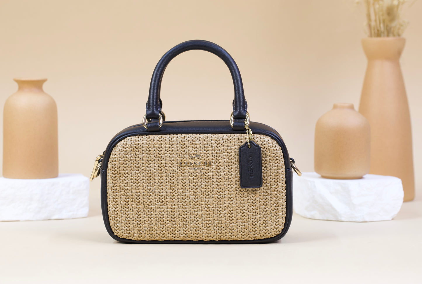 COACH CAK74 SATCHEL CROSSBODY STRAW TOAST/BLACK