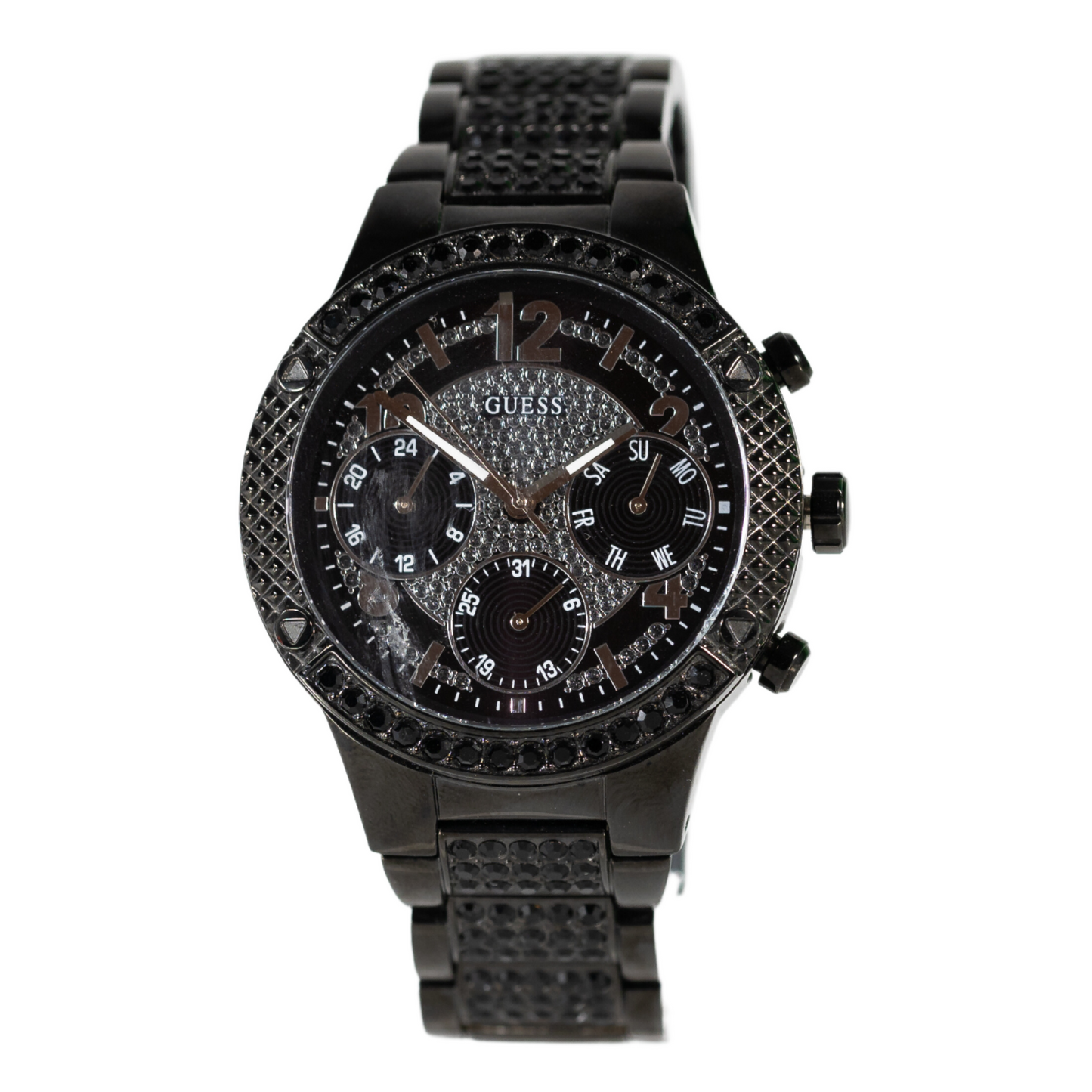 GUESS Men's Stainless Steel Crystal Watch Black Stainless Steel Band Black Dial Crystal Accents on Bezel