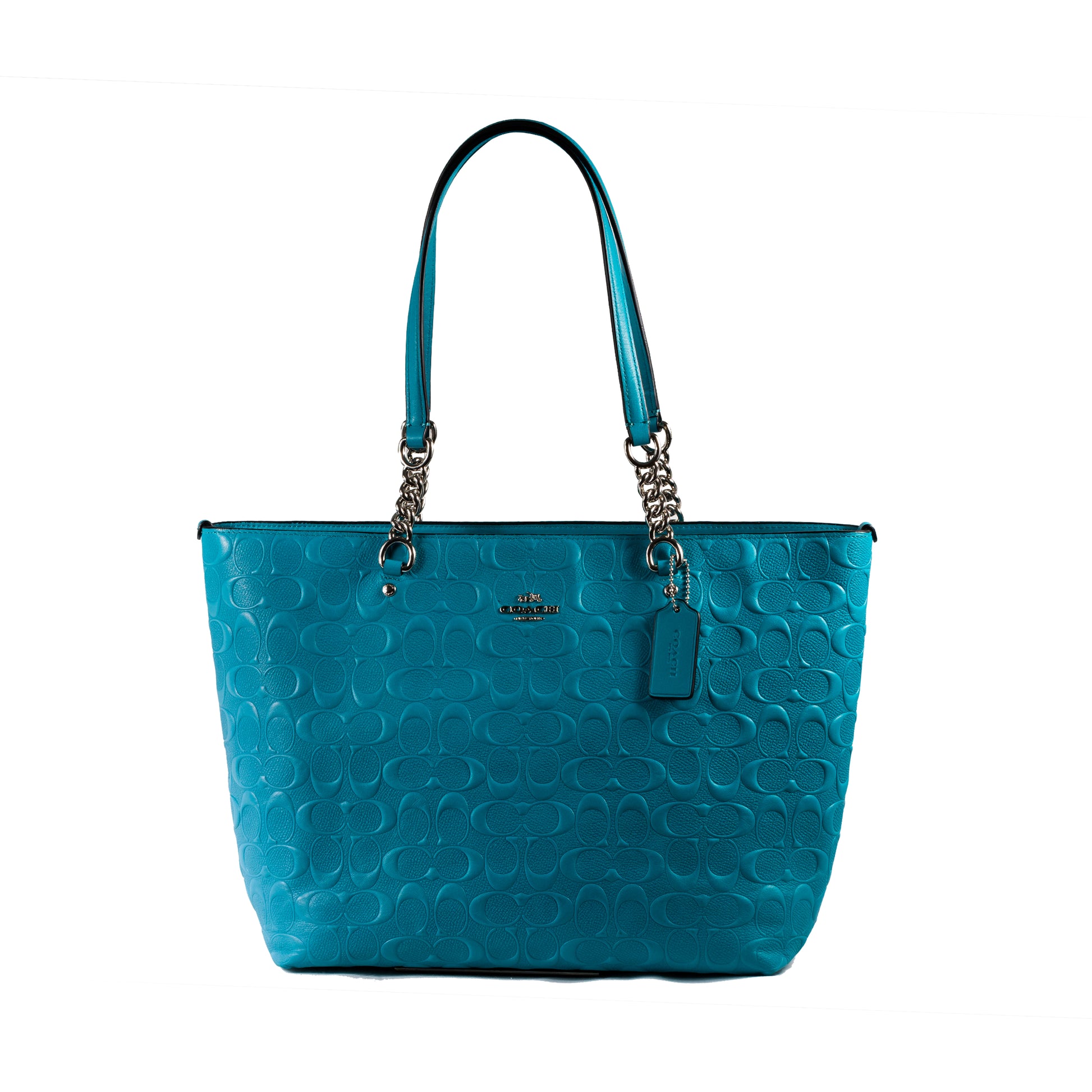 Coach Embroidered Signature Sophia Turquoise Tote Large-sized Tote Embroidered Coach Logo Chain Strap Silver Hardware Interior Zipper Pocket Interior Slip-in Pockets Turquoise Color Tote