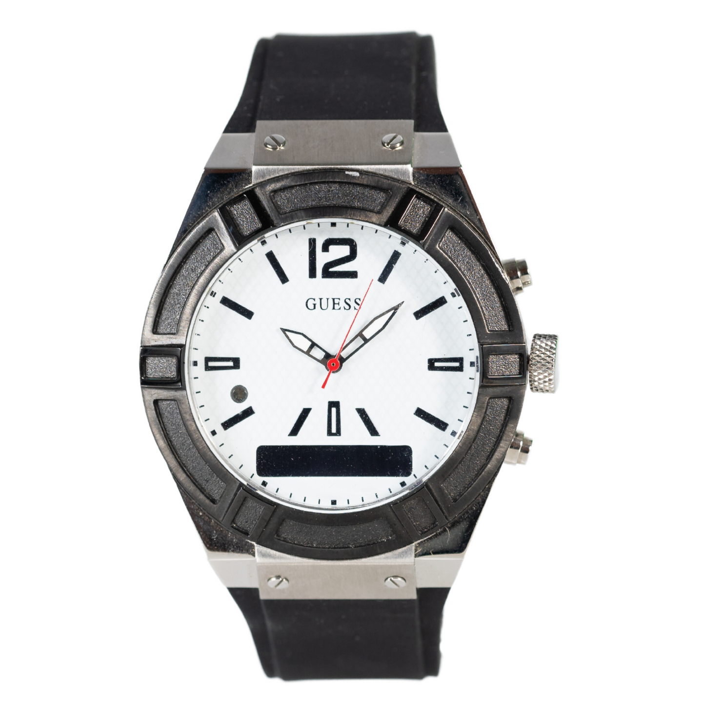 Guess Men's Analogue-Digital Quartz Watch Silicone Strap Silver Case Black Strap White Dial - 91661464102