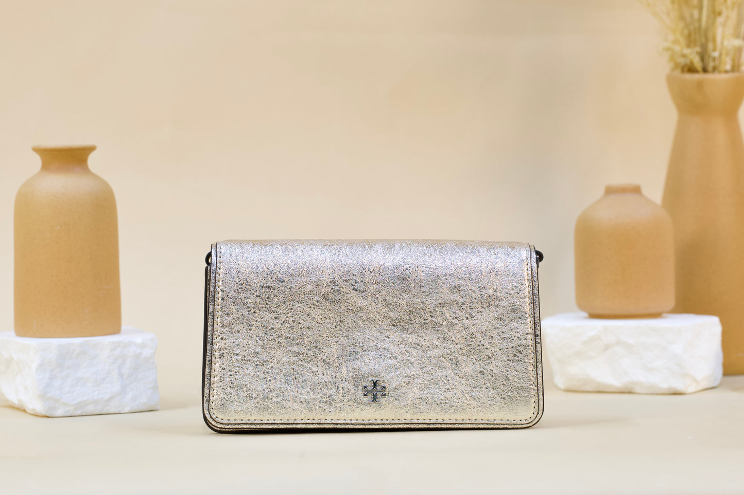 TORY BURCH 159471 EMERSON METALLIC MINI CROSSBODY WHITE GOLD