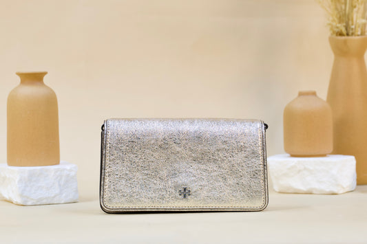TORY BURCH 159471 EMERSON METALLIC MINI CROSSBODY WHITE GOLD