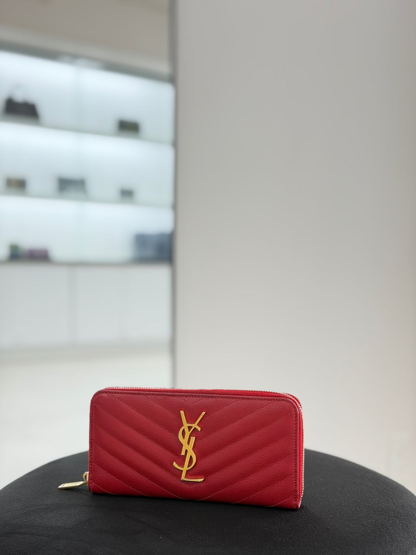 Saint Laurent Grain De Poudre Matelasse Chevron Monogram Zip Around Wallet in Red