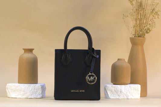 Michael Kors - Mercer XS Pebbled Leather MK Signature Satchel Crossbody Bag - Black