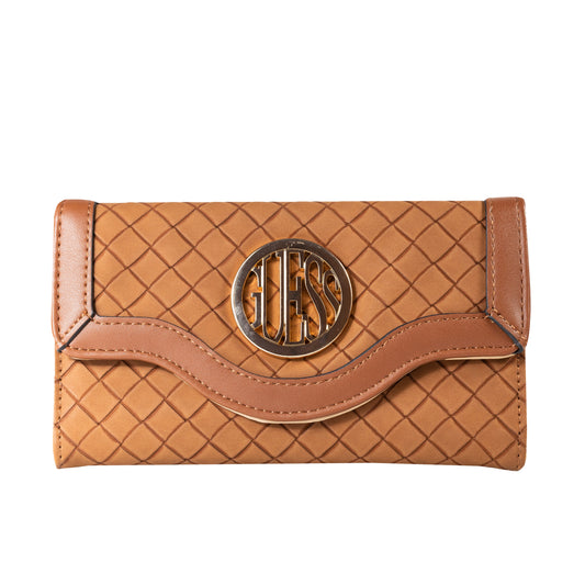 GUESS Wilderson Clutch Woven Slim Clutch Faux-Leather Material Fold-Over Flap with Tri-Fold Design Circle Logo Plaque