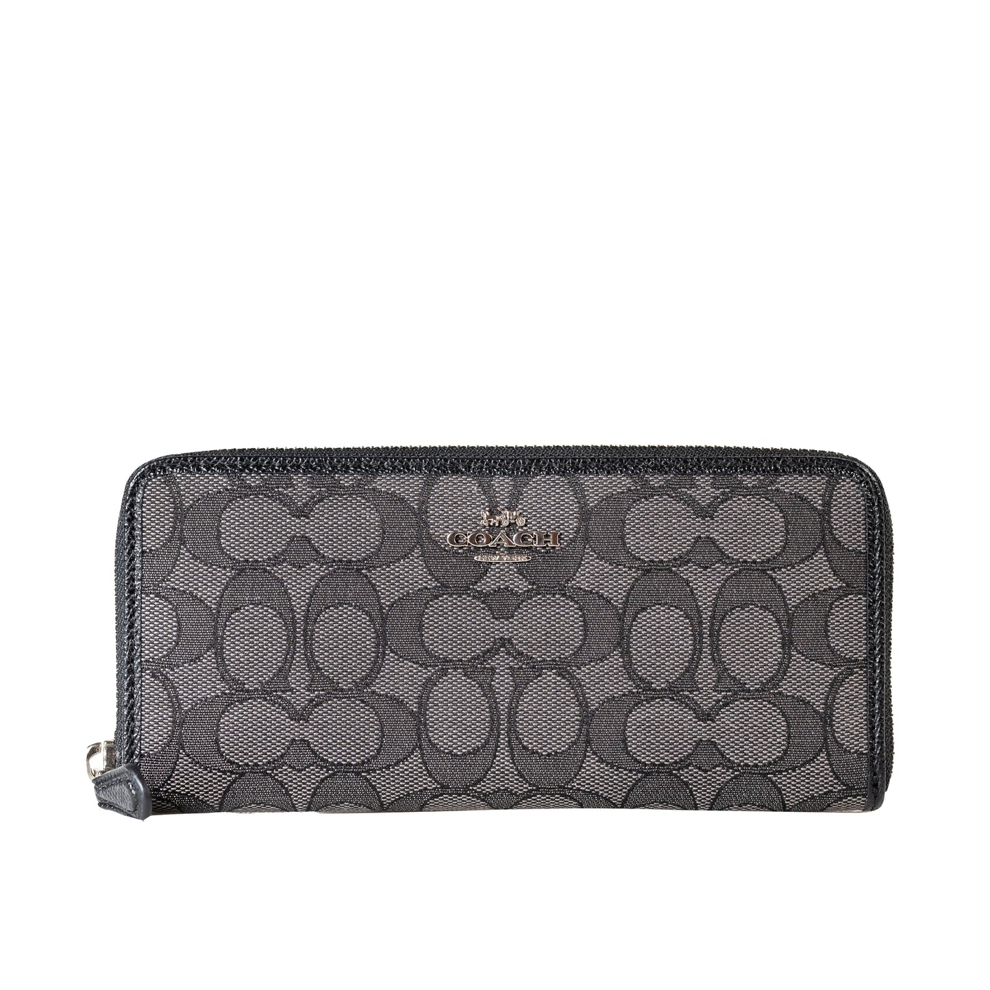 Coach Long Wallet Slim Accordion Zip Wallet Signature Jacquard Smoke Black Silver-Tone Hardware Zip-Around Closure Multiple Card Slots Full-Length Bill Compartments Center Coin Compartment Compact Size