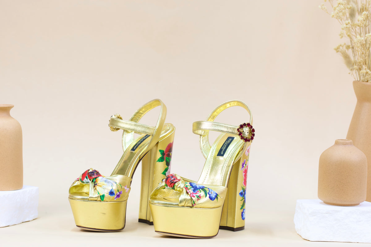 DOLCE & GABBANA FLOWER HEELS GOLD 36 1/2